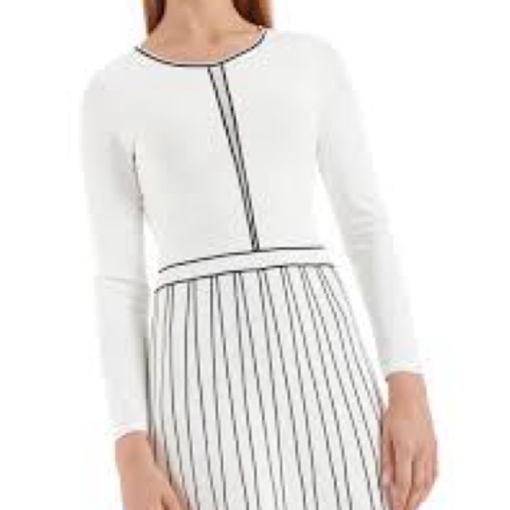 Marc Cain White Long Sleeve Dress with Black Pinstripes